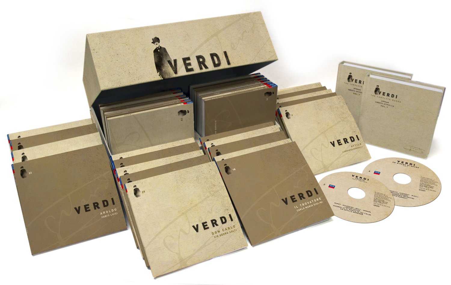 All of Verdi's works are contained, The Complete 75 CDs box-set 0f Verdi, Amazon for $132.99 The Complete 75 CDs box-set 0f Verdi, Amazon for $132.99
