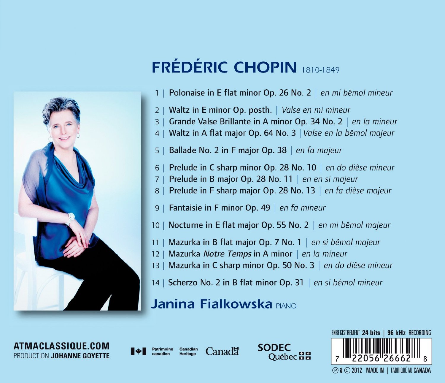 Pianist Janina Fialkowska, Chopin Recital 2 on the Atma label
