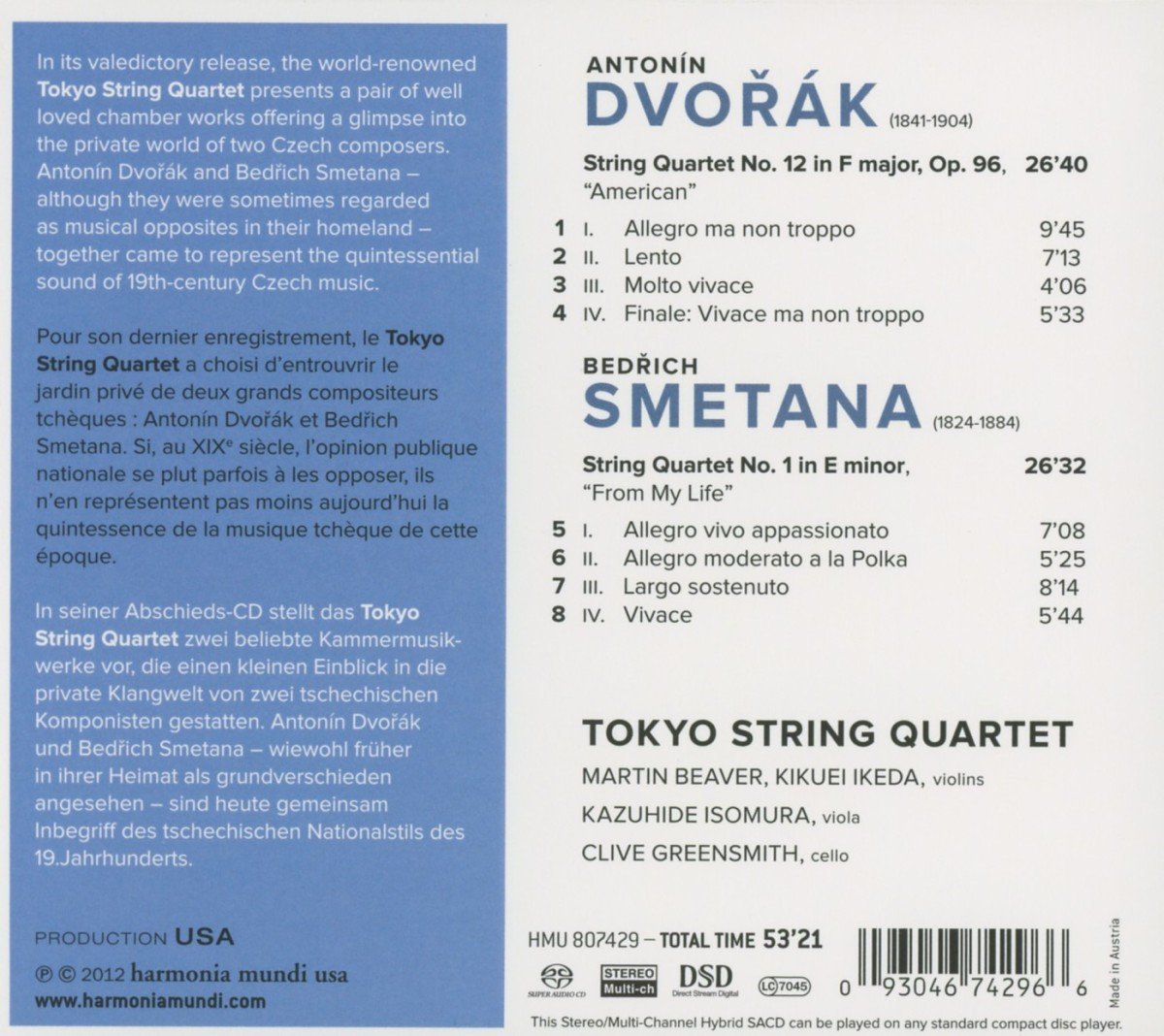 Tokyo String Quartet new releases Dvorak and Smetana's String Quartet