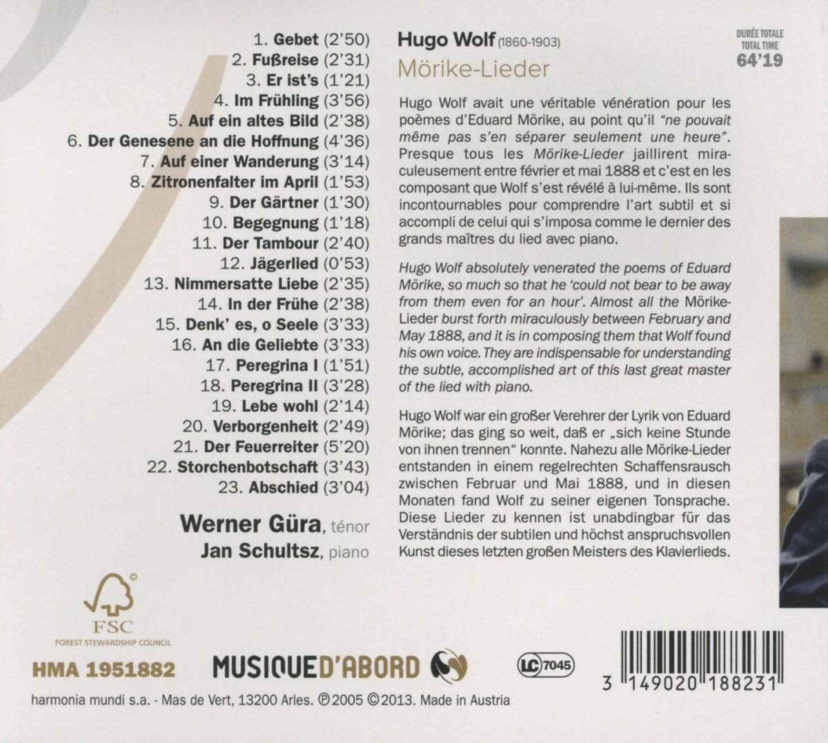 Werner Gura on Harmonia Mundi,the Morike-Lieder of Hugo Wolf