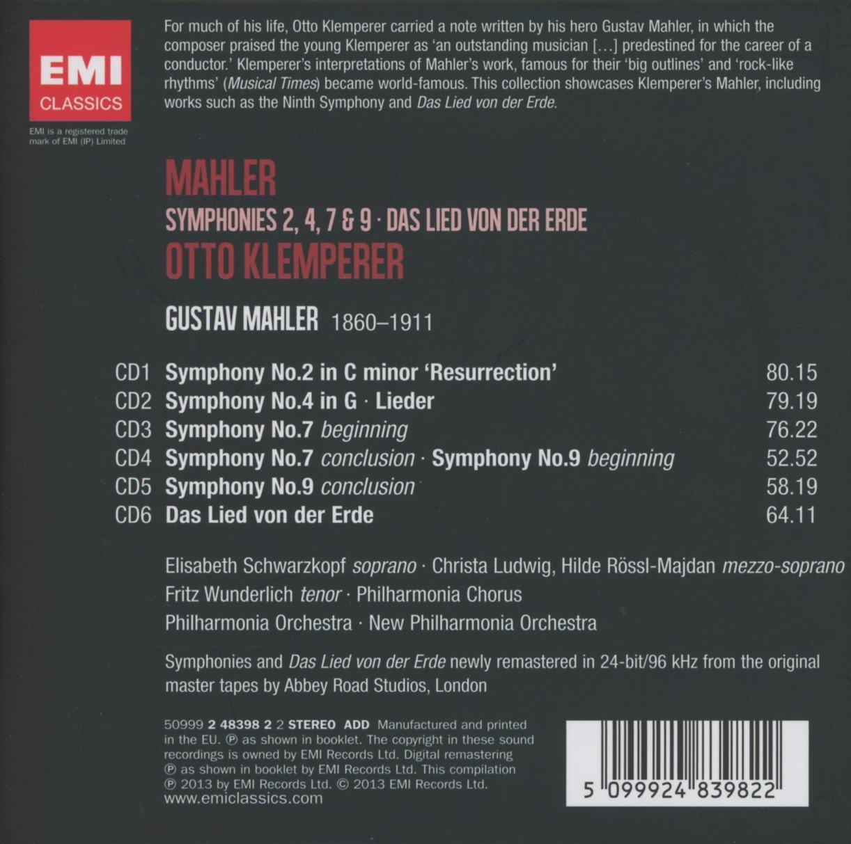 Mahler box-set, Symphonies 2, 4, 7 & 9 / Das Lied von der Erde